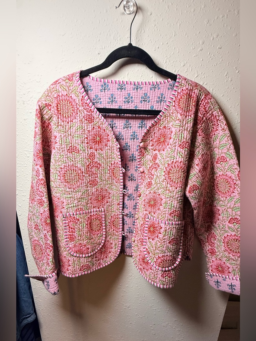 Reversible Quilted Floral Jacket Pink Block Print Cotton Cottagecore croquette - Picture 3 of 14